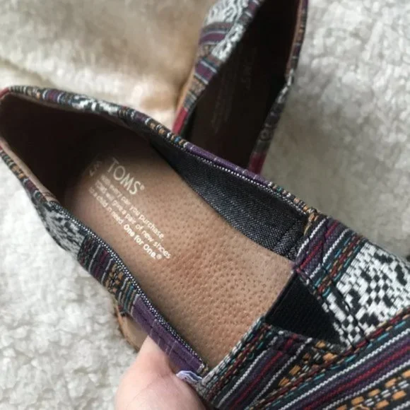 TOMS Open Toe Cork Wedges Canvas Navajo Stripe - Picture 10 of 15